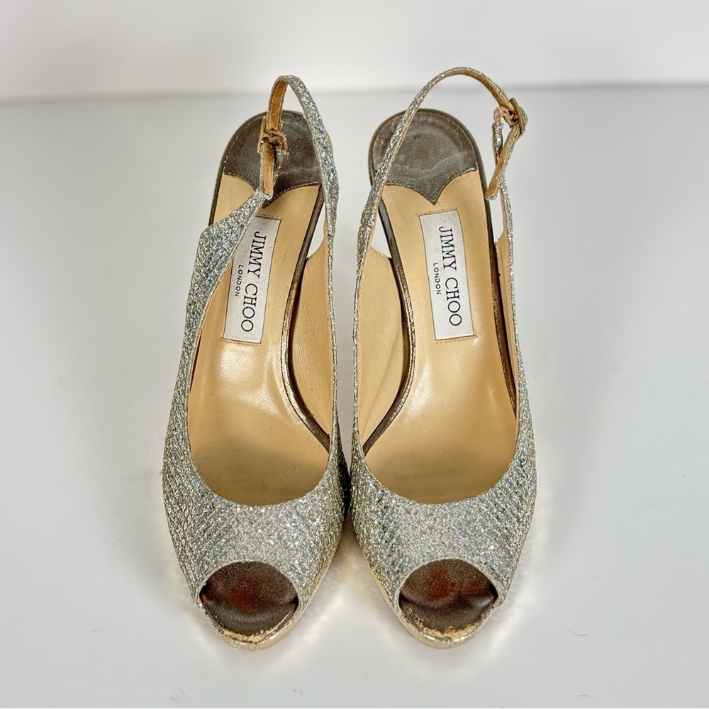 Jimmy Choo Women’s Evelyn Open Toe Metallic Sling Backs size 39